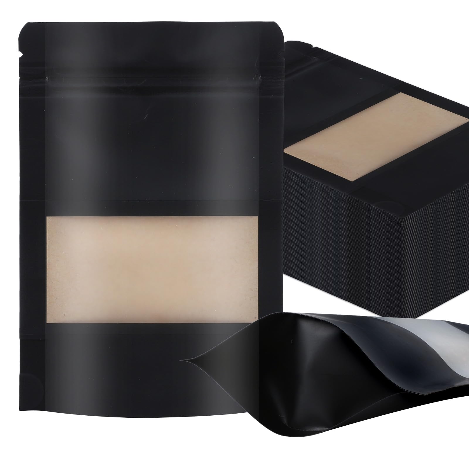 Photo 1 of 100 PCS Resealable Bags, Stand Up Kraft Paper Bags with Matte Window, Zipper Lock Food Storage Bags for Small Business and Home, 3.9 * 5.9 Inches Reusable Sealable Bags for Packaging - Black