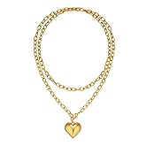 Double Layer Chunky Heart Necklace Gold Heart Statement Necklace Pendant Puffy Sliver Hearts Choker Necklace Long Gold Necklaces for Women Chunky Jewelry