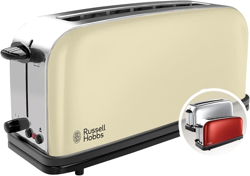 Grille Pain [Fente longue 2 Toasts/ 1 Tranche baguette] Colour+ Crème (extra large, 6 Niveaux de Brunissage rapide, Surélévation, Décongèle & Réchauffe, 1000W) Toaster 21395-56