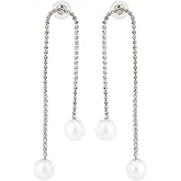 Tassel Pearl Dangle Earrings, Delicate Shiny Long Pearl Drop Chandelier Charm Earrings with Rhinestone for Women Wedding Bridal Jewelry