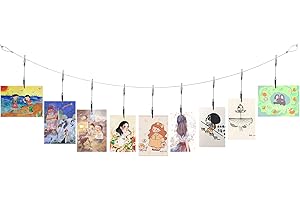 QXUJI Metal Wall Hanging Photo Display, Steel Wall Hanging Display Cable Wire Rod with 12PCS Alligator Clips, Picture Holders for Postcards and Artworks, for Rustic Country Decor, Home, Office