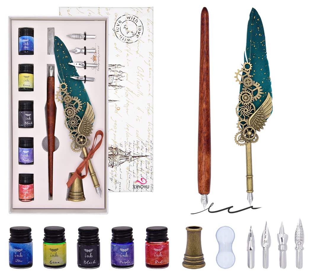 XIAOYU Antique Quill Pen Ink Set, Dip Pen Calligraphy Pen Set, Including Mechanical Quill Pen and Wooden Dip Pen, 5 Bottle Inks, 4 Replacement Nibs, Pen Holder, Suitable for Calligraphy Lovers
