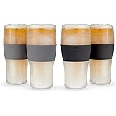 HOST Freeze Beer Glasses, 16 ounce Freezer Gel Chiller Double Wall Plastic Frozen Pint Glass, Set of 4, Black and Grey