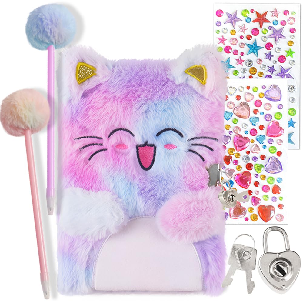 Belegao Secret Diary with Lock for Girls, Fluffy Journal with Lock Keys Pen Rhinestone Stickers Plush Secret Diary Notebook Set for Home School Travel Writing (Smile Cat Purple Tie-Dye)