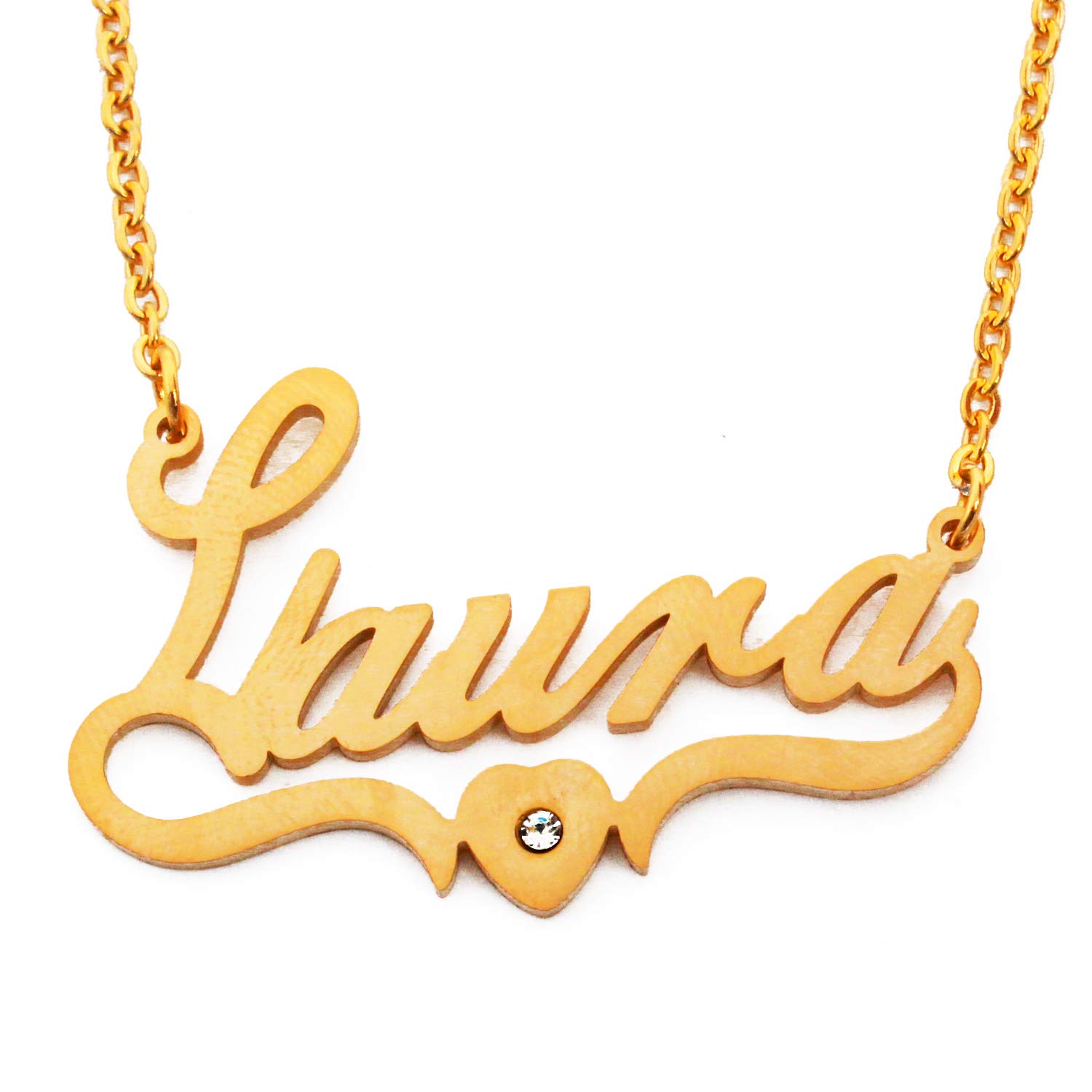 Kigu Laura Name Necklace Heart Shaped Personalised Gold Plated, Custom Dainty Name Pendants, Jewellery for Ladies, Girlfriend, Mother, Sister, Friends Inc Bag & Box