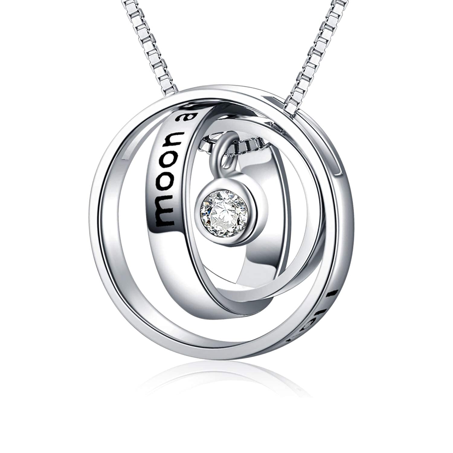 YAFEINI I Love You to The Moon and Back Necklace 925 Sterling Silver Engraved Trinity Three Ring Pendant Necklace Jewellery Gifts for Women Girls Mum