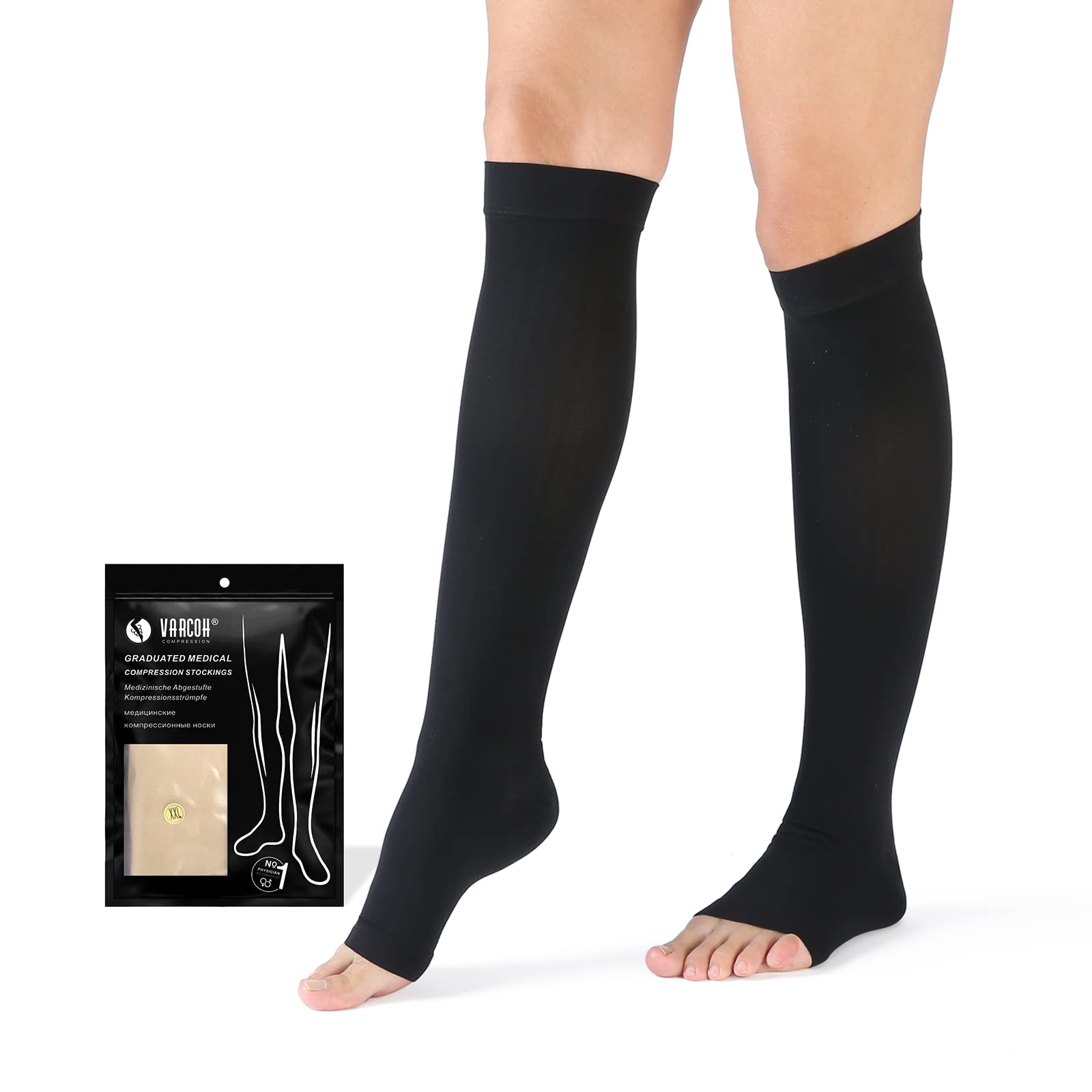 VARCOH Compression Socks for Women,Compression socks Men (S-4XL) Wide Plus Size Flight Socks for Women 20-30 mmHg Knee High Open Toe, Best for Improve Varicose Veins,Leg Blood Circulation (XXL,Black)