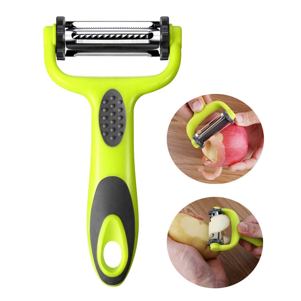 Aiqeer 3 in 1 Vegetable Fruit Peeler, Multifunction Rotary Peeler, with 3 Rotating Stainless Steel Blades: Serrated, Straight and Julienne Blades, Non-Slip Handle (Green)