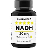 MONOHERB NADH 20 mg - 90 Vegetarian Capsules - Reduced Nicotinamide Adenine Dinucleotide Supplement