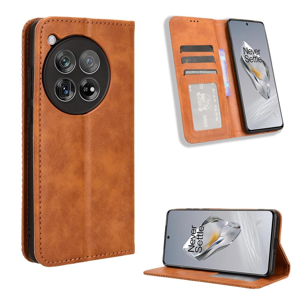 COMAKU Compatible with OnePlus 12 Case Leather - Flip Cover Protection magnetic Phone Case wallet with Card Holder - Brown