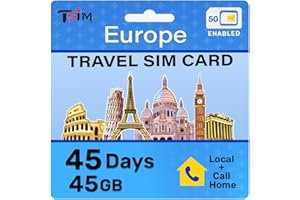 TSIM Europe SIM Card 45GB Data with 200 Minutes Local + Call Back to Canada | 45 Days Validity | 5G Enabled | Hotspot Sharing
