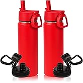 Volhoply 20oz Insulated Stainless Steel Water Bottle With Straw Lid Bulk 2 Pack,Kids Double Wall Vacuum Cups With Handle,Reusable Outdoor Sports Camping Metal Bottles,Travel Flask Keep Cold(Red,2)