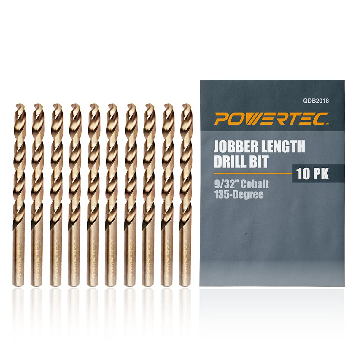 POWERTEC 9/32 Inch Cobalt Drill Bits, 10 PK M35 HSS Cobalt Jobber Length Twist Drill Bits w/ 135° Tip, Drill Bits for Drilling Wood, Metal, Stainless Steel, Nickel Alloy, Cast Iron & Plastic (QDB2018)