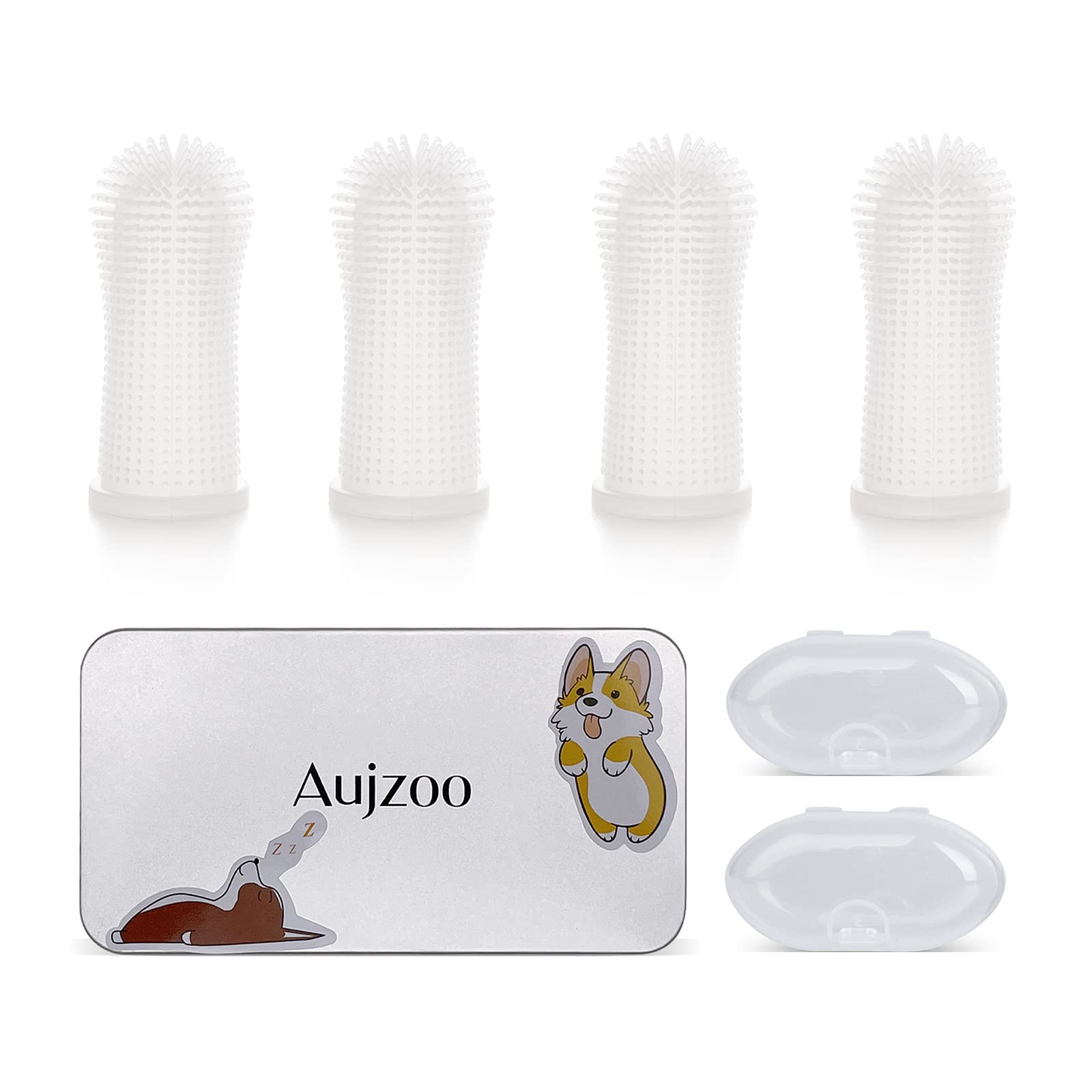 Aujzoo Dog Toothbrush, 360º Pets Teeth Cleaning Toothbrush for Dogs Cats Dental Care, Silicone Finger Teeth Brush Set of 4