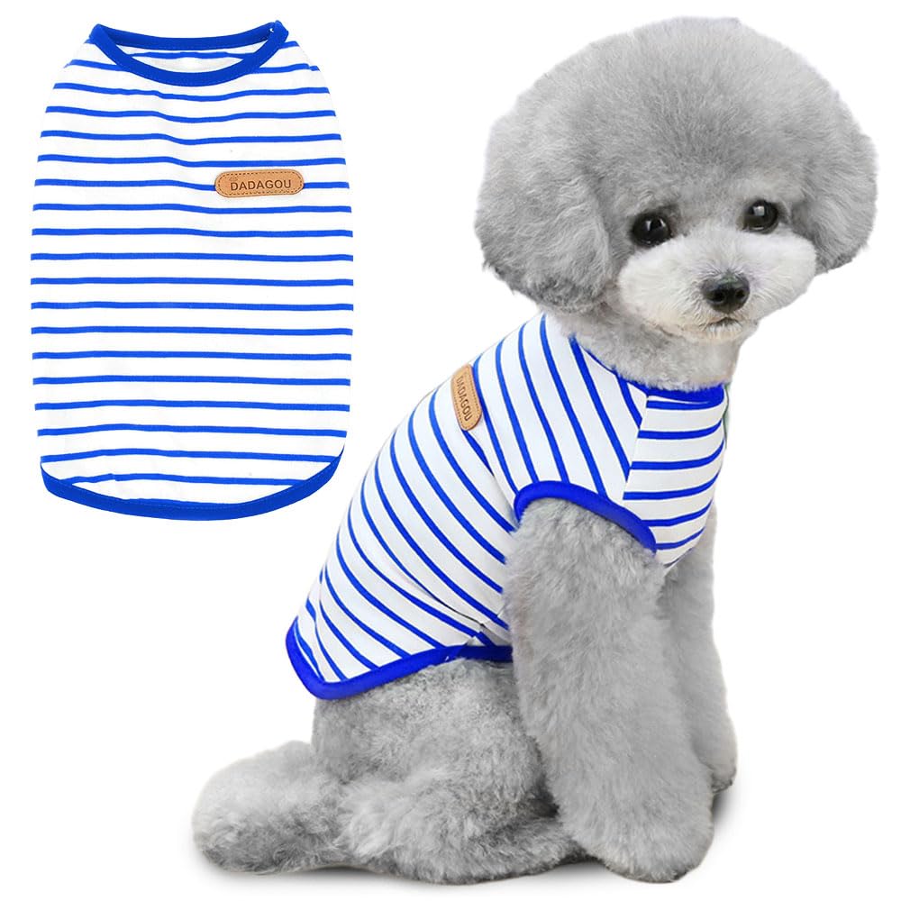 Voarge T-Shirt with Dog Stripes, Summer Dog Shirts, Soft Cotton Puppy Clothing, Pet Tank Top, Chihuahua Basic Tee Shirt, Clothing for Small, Medium, Dogs, Cats, Clothing (Blue, S)