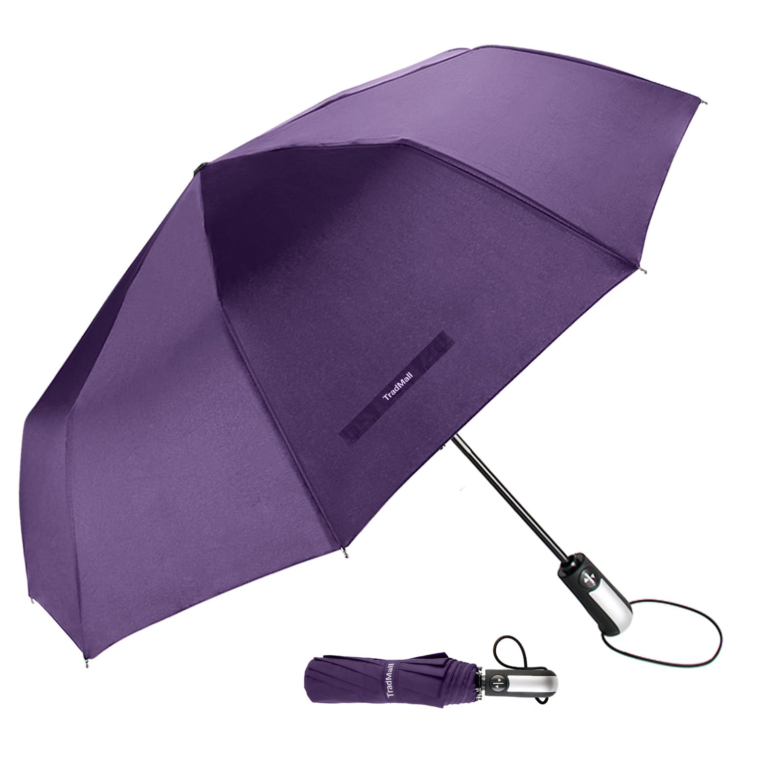 TradMall Travel Umbrella Windproof with 10 Reinforced Fiberglass Ribs 46" Large Canopy Ergonomic Handle Auto Open & Close, Purple