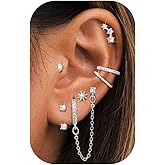 LOYALLOOK 14K Gold Plated Earrings for Women Hypoallergenic - Surgical Stainless Steel Stud Hoop Earring Stacks Dainty Dangle Chain Cartilage Earring Sets for Multiple Piercing Trendy Jewelry