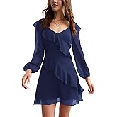 liher Womens Fall Dress Mesh V Neck Sheer Long Sleeve Ruffle Trim Cocktail Party Club Mini Dresses