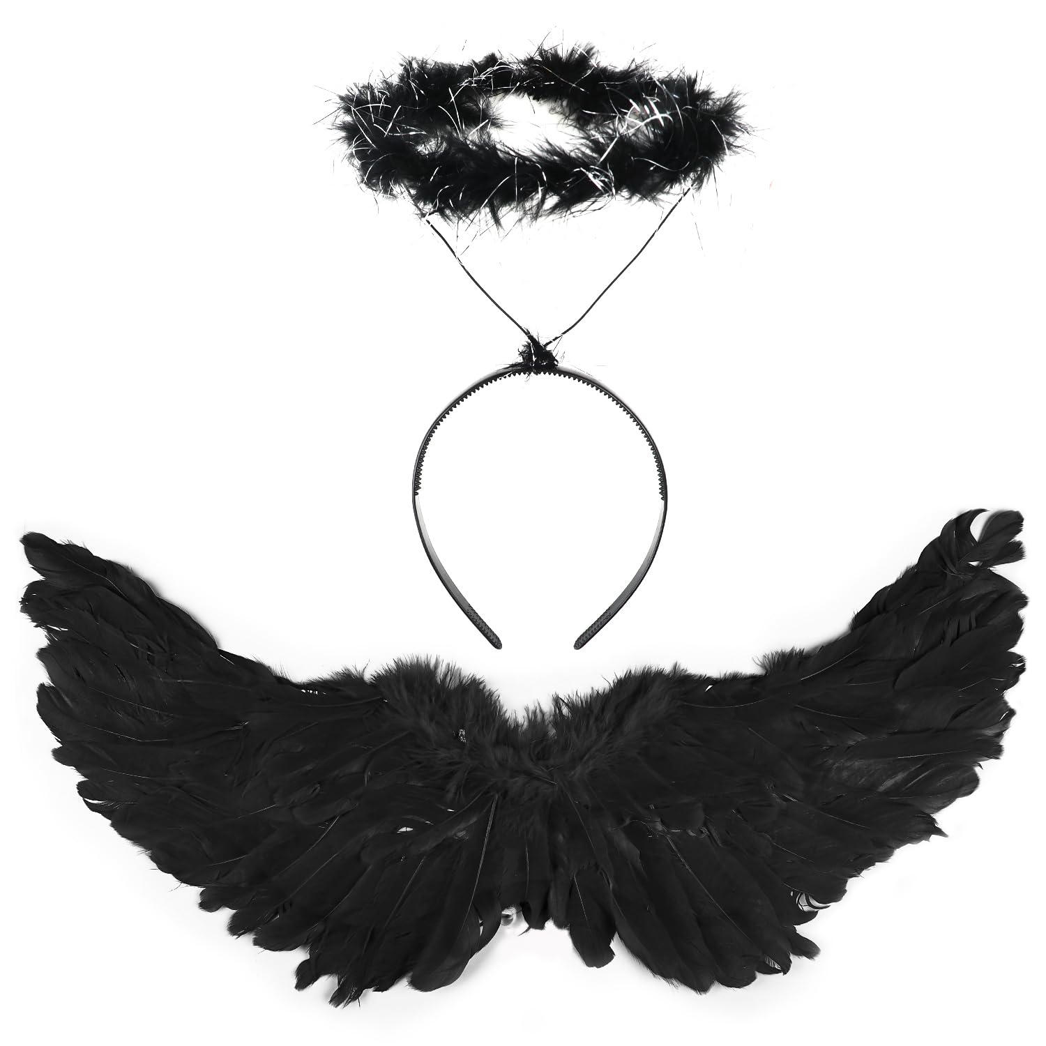 VEYLIN Angel Wings and Halo, Black Fairy Angel Wings Fallen Angel Wings Halloween Fancy Dress Costume for Adult Halloween Christmas Party