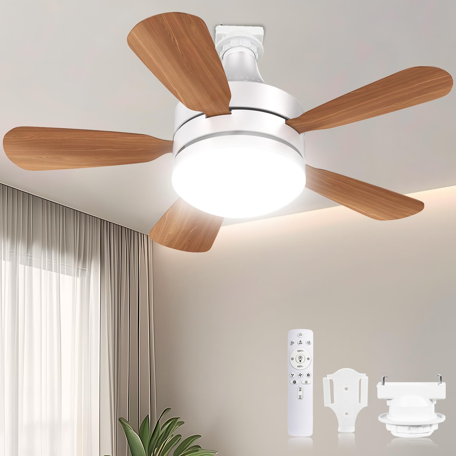 SUKITEN Ceiling Fan Light, 28 W, Ceiling Fan, Equivalent to 120W, 3,000 lm, DC Motor, Forward and Reverse Rotation Switching, Remote Control, 6-8 Tatami, E26, Small, Lightweight, Energy Saving, Bulb