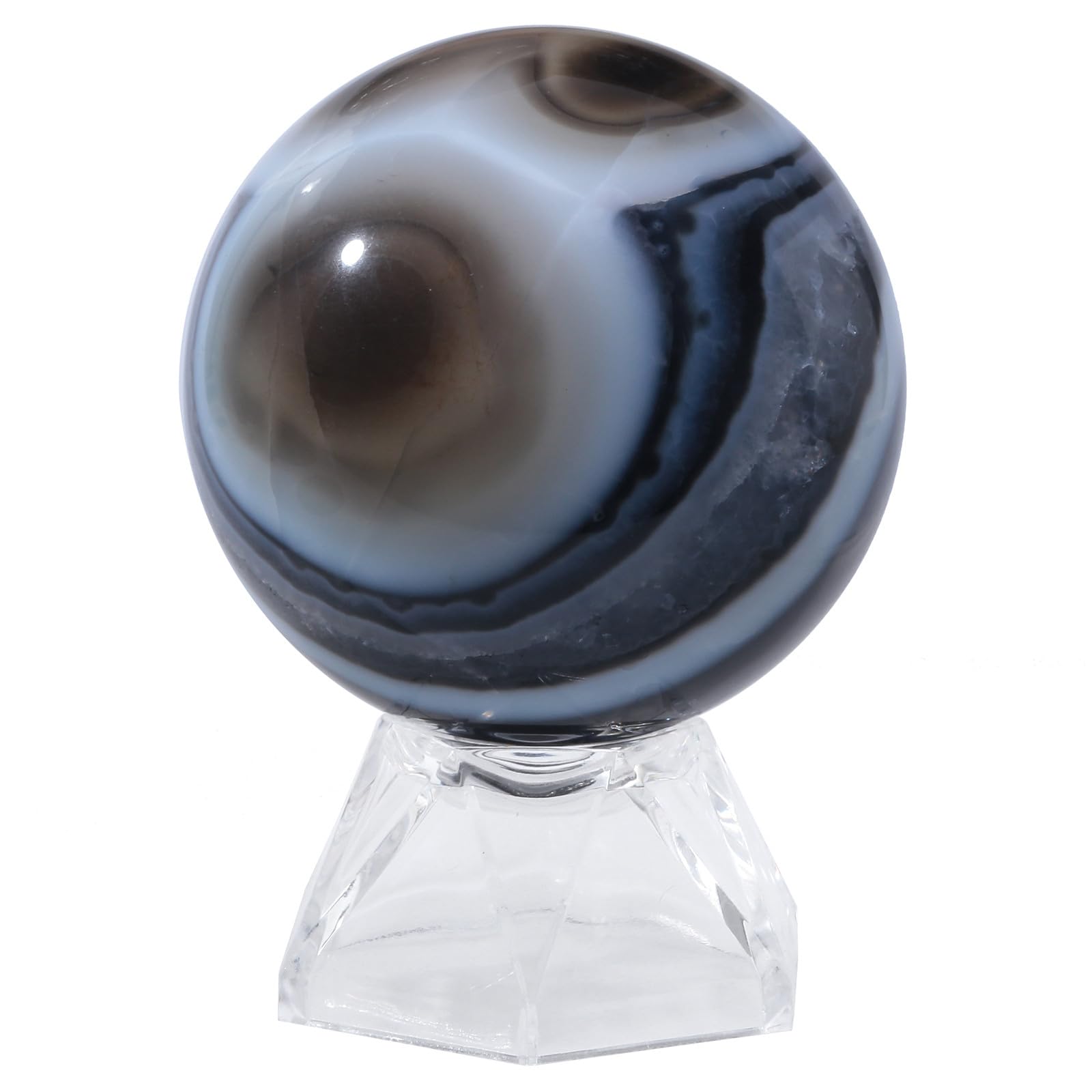 mookaitedecor 50-60mm Striped Black Agate Crystal Ball Sphere Ornament with Stand Rare Crystals and Gemstones for Collecting, Black and White Healing Crystal Geode Ball Gift Rock and Mineral Decor