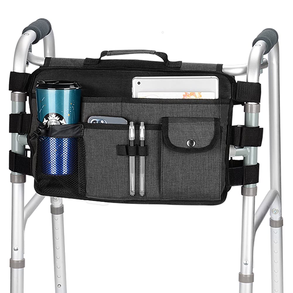 supregear Walker Bag for Seniors Folding Walker Accessories Bag (Double Sided), Walker Basket Caddy Large Capacity Waterproof Tote with 9 Pockets and Cup Holder