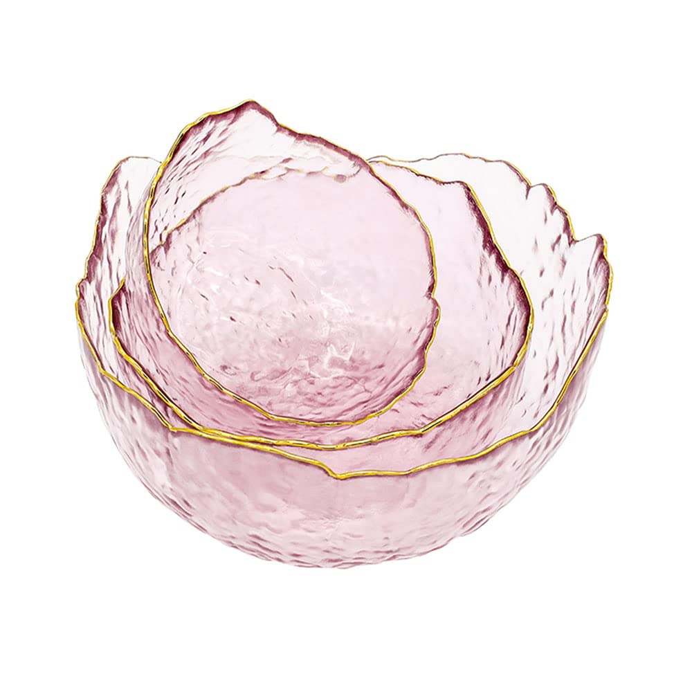Photo 1 of S.ROKE TTAN 3-Pack Glass Bowls for Kitchen Prep, Nesting Space Saving Set of Bowls, Pink Crystal Bowl Set, Irregular Shape Glass Bowl For Salad,Ice Cream, Cereal,Dessert, Freezer Safe (Light Pink)