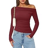 ZESICA Womens Off Shoulder Long Sleeve Tops 2026 Spring Casual Boat Neck Ruched Slim Fit Going Out Y2k Shirts Blouses
