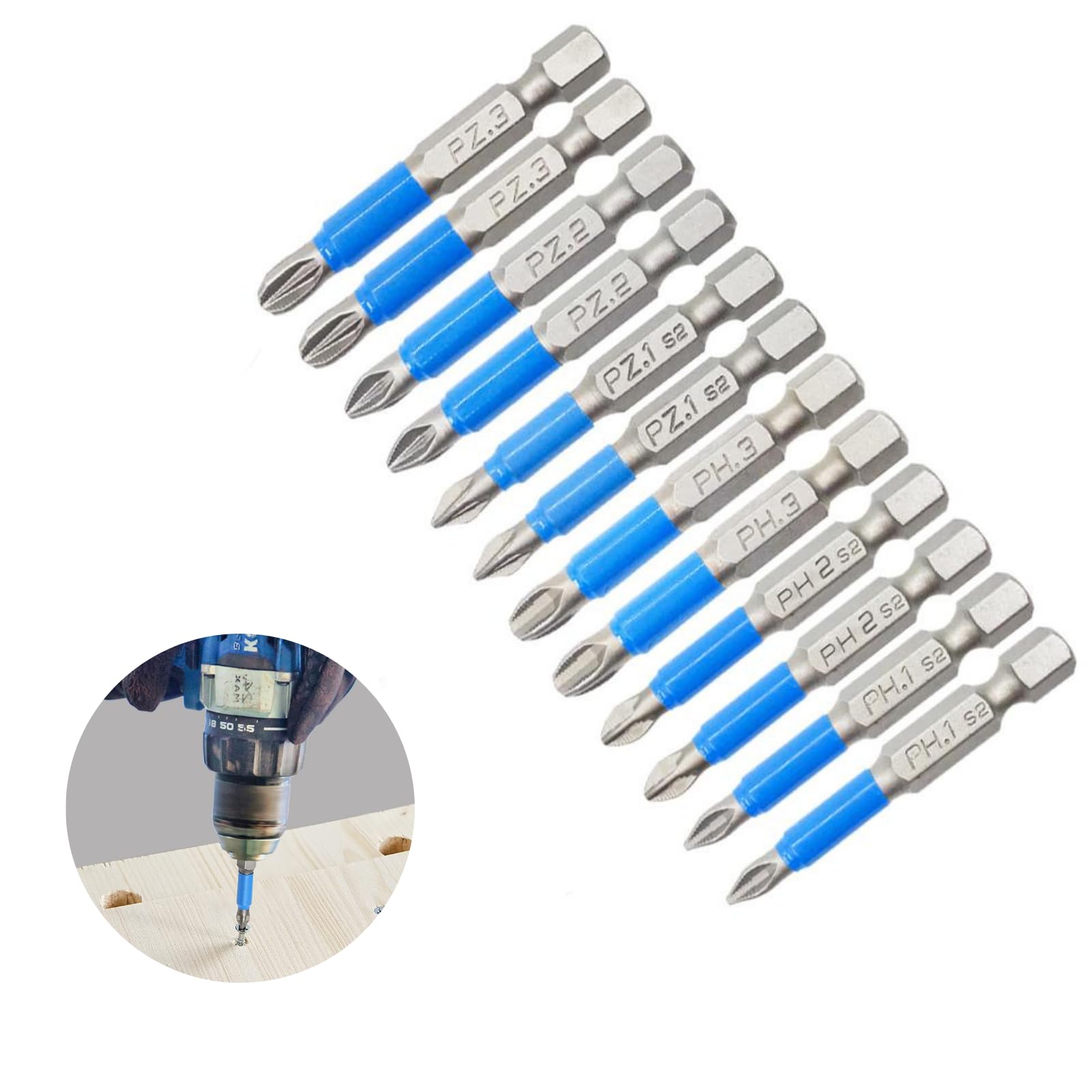 DEWIN Driver Bit Set, 12pcs Magnetic Non-Slip Screwdriver S2 Steel Electric Screw Driver Bits for Impact Driver Electric Manual Screwdrivers and Drill(PZ1, PZ2, PZ3, PH1, PH2, PH3 Each 2 pcs)