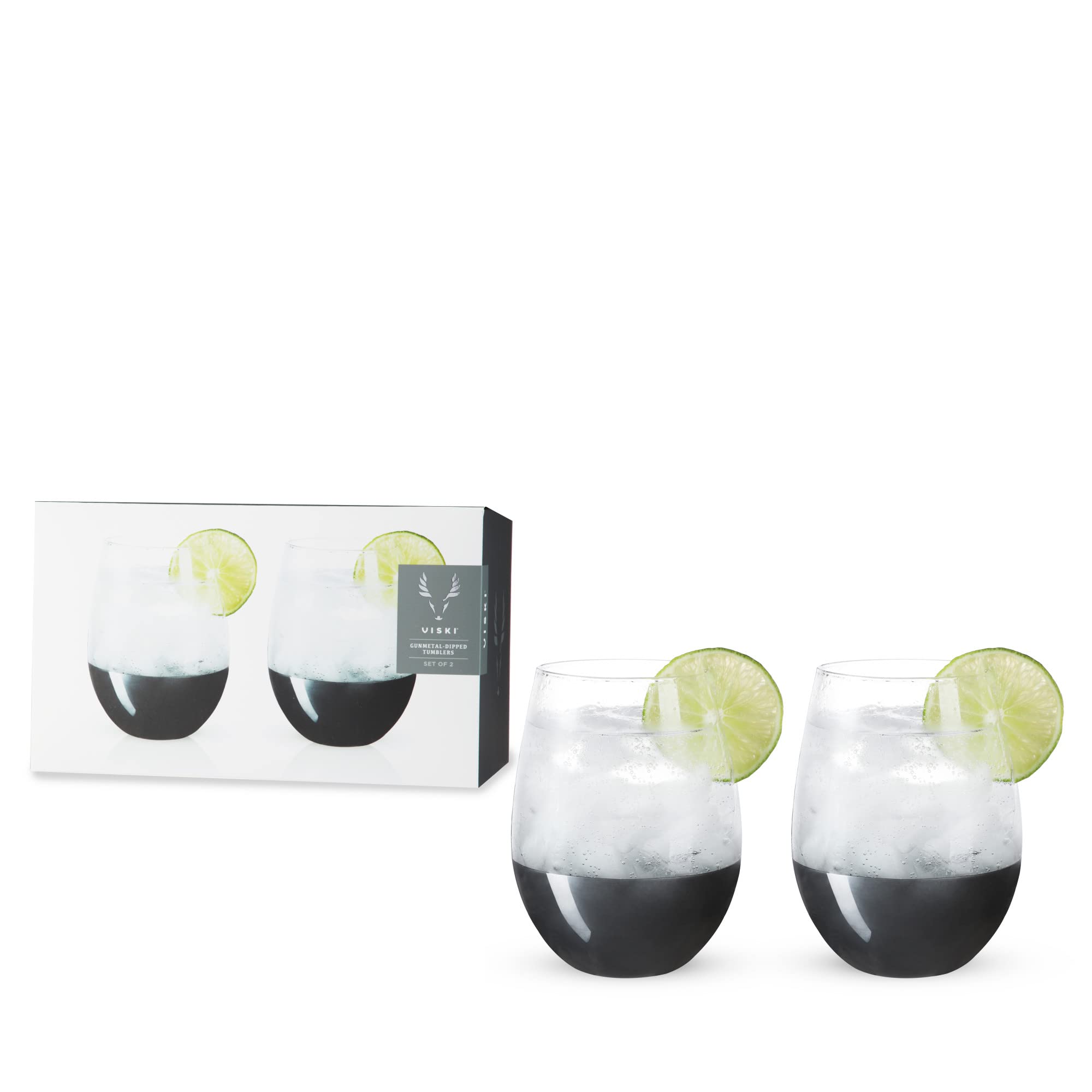 Viski Dipped Cocktail Tumblers Set of 2 19oz (561ml) Stemless Wine, Glass, Polished Finish, Gunmetal Black