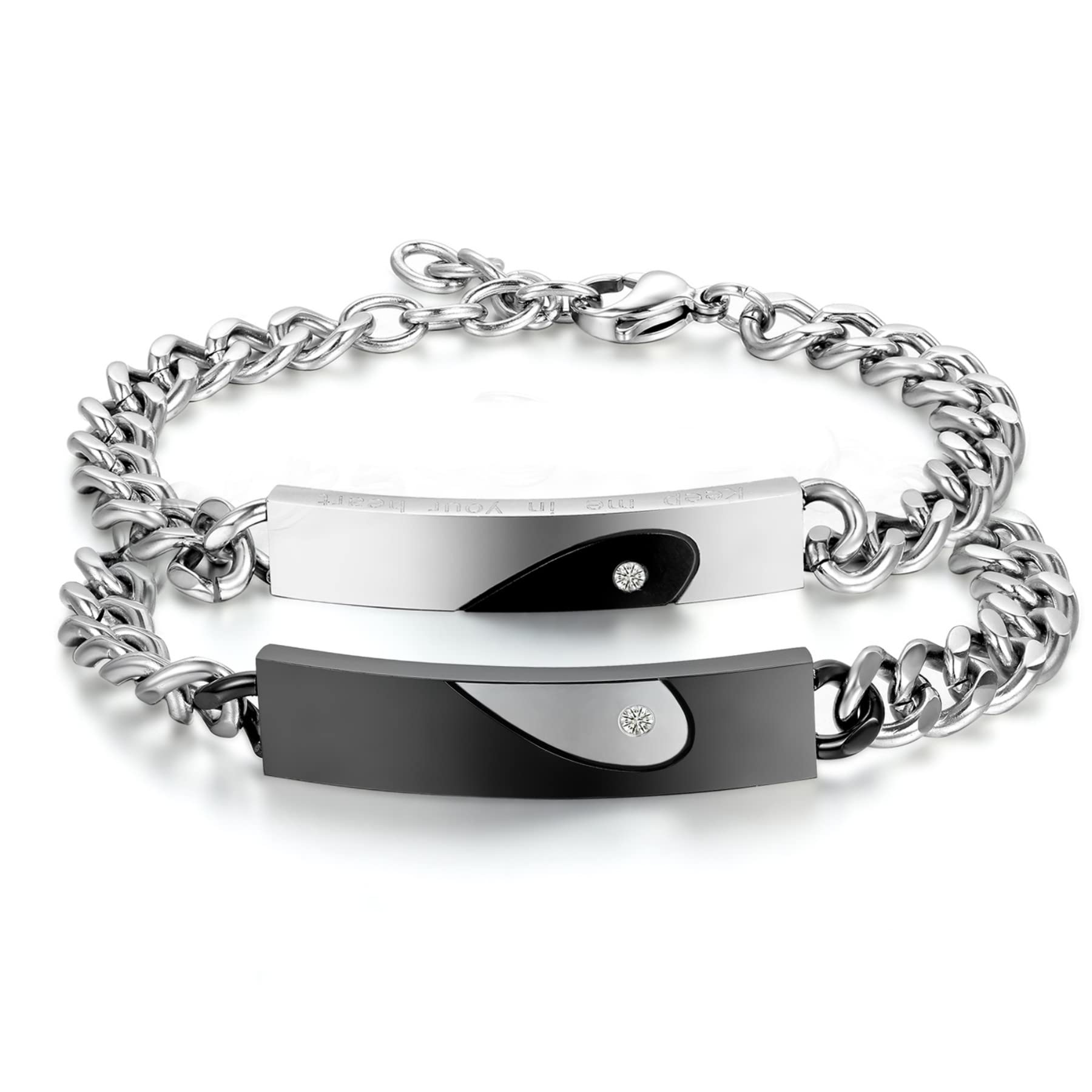 Cupimatch 2pcs Couple Bracelets Stainless Steel Loving Bangle Bracelet Matching Bracelet Best Friend Jewelry ((Heart) black white) — image 1