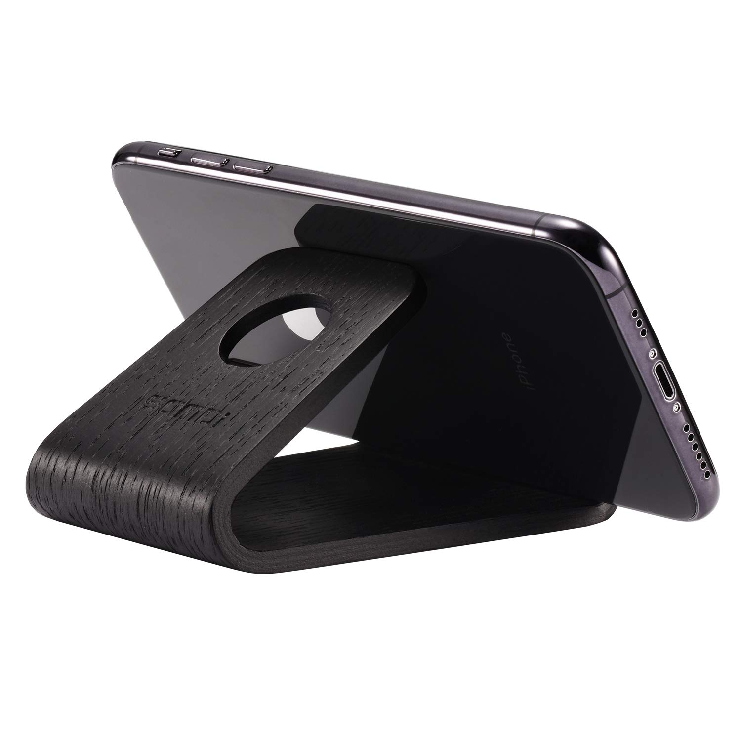 Photo 1 of SAMDI Wood Cell Phone Stand for Desk, Fixed Desktop Phone Holder Compatible with iPhone 13 12 11 Plus X XR, LG, Huawei, XiaoMi, Samsung Galaxy S5 S7 S6 and All Phones (Oak Wood Black)