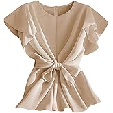SweatyRocks Women's Ruffle Short Sleeve Belted Blouse Round Neck Work Shirt Tops