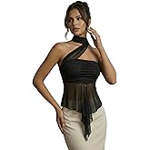 OYOANGLE Women's Sheer Ruffle Trim Halter Tops Asymmetrical Hem Ruched Sleeveless Fitted Crop Tops Y2K Party Top
