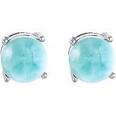 925 Sterling Silver Natural Larimar Round Circle Stud Earrings Sizes 3mm - 10mm, Nickel Free Hypoallergenic for Sensitive Skin, Gift Box Included