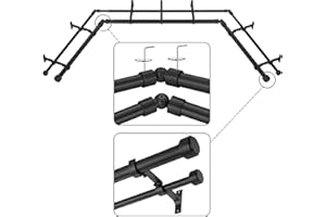 Mayrhyme Black Double Corner Window Curtain Rods with Aluminum End Cap Finials and Brackets,1 Inch Diameter Dual Bay Window Curtain Rods, Adjustable 2 Sided 32-58" and 32-86 Center Double Rod