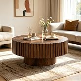 RYDZCLH Round Fluted Coffee Table,Circle Center Coffee Table,Round Walnut | Simple Design Circle Coffee Tables,Mid Century Modern Coffee Tables with Sturdy Pedestal for Living Room,Apartment,Bedroom