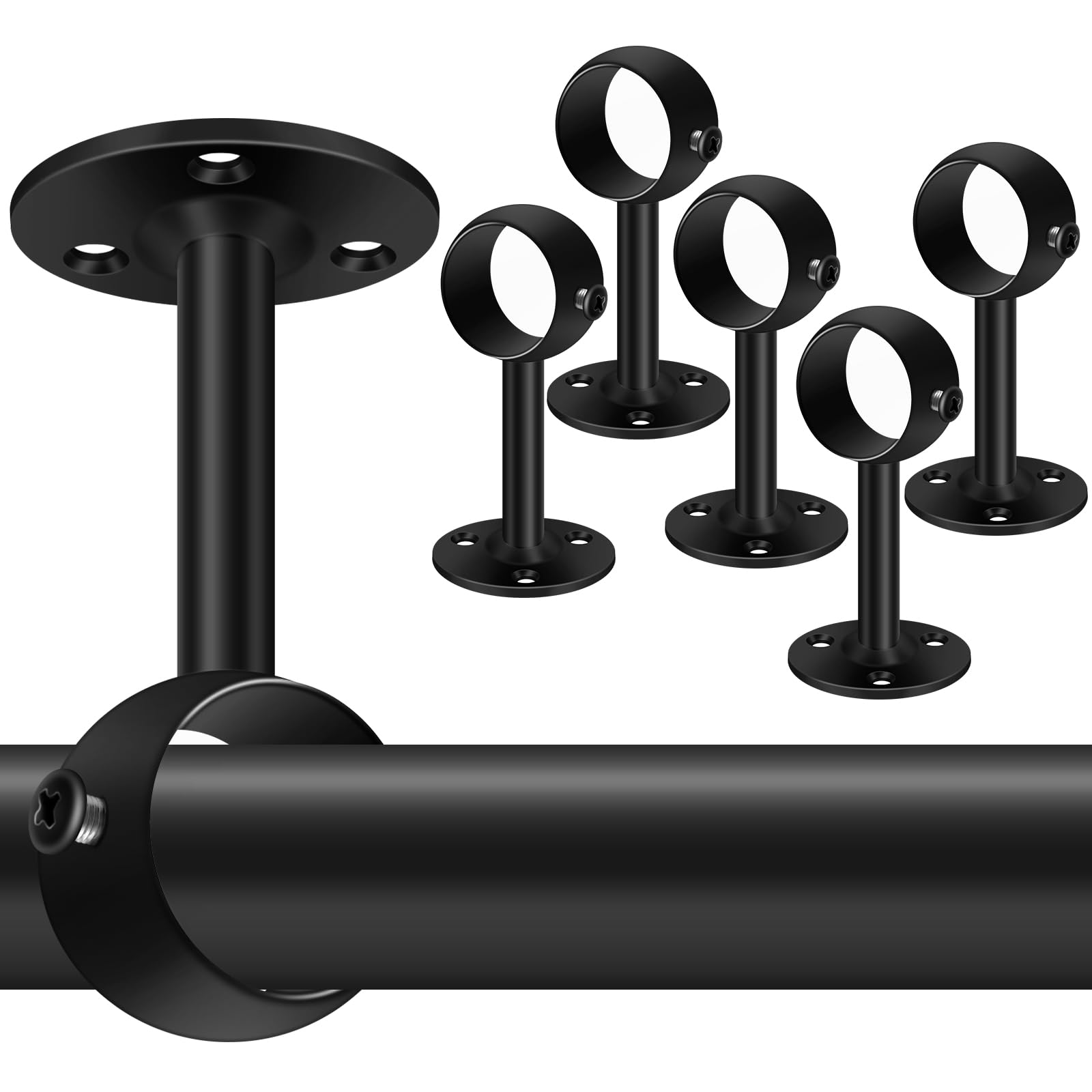 Ceiling Curtain Pole Brackets 32mm Black Curtain Rod Holders for Wall Heavy Duty Ceiling Curtain Rail Hooks Metal Closet Wardrobe Rod Supports Hanger, 6 Pack