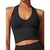 AEEZO Womens Sexy Deep V Seamless Basic Halter Tank Padded Bra Sleeveless Slim Fit Workout Fitness Cami Crop Tops
