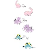 ICYROSE 925 Sterling Silver Set of 3 Pairs Assorted Dinosaur and Friends Stud Earrings (Nickel Free) Choice (Set-Pink Purple Blue)