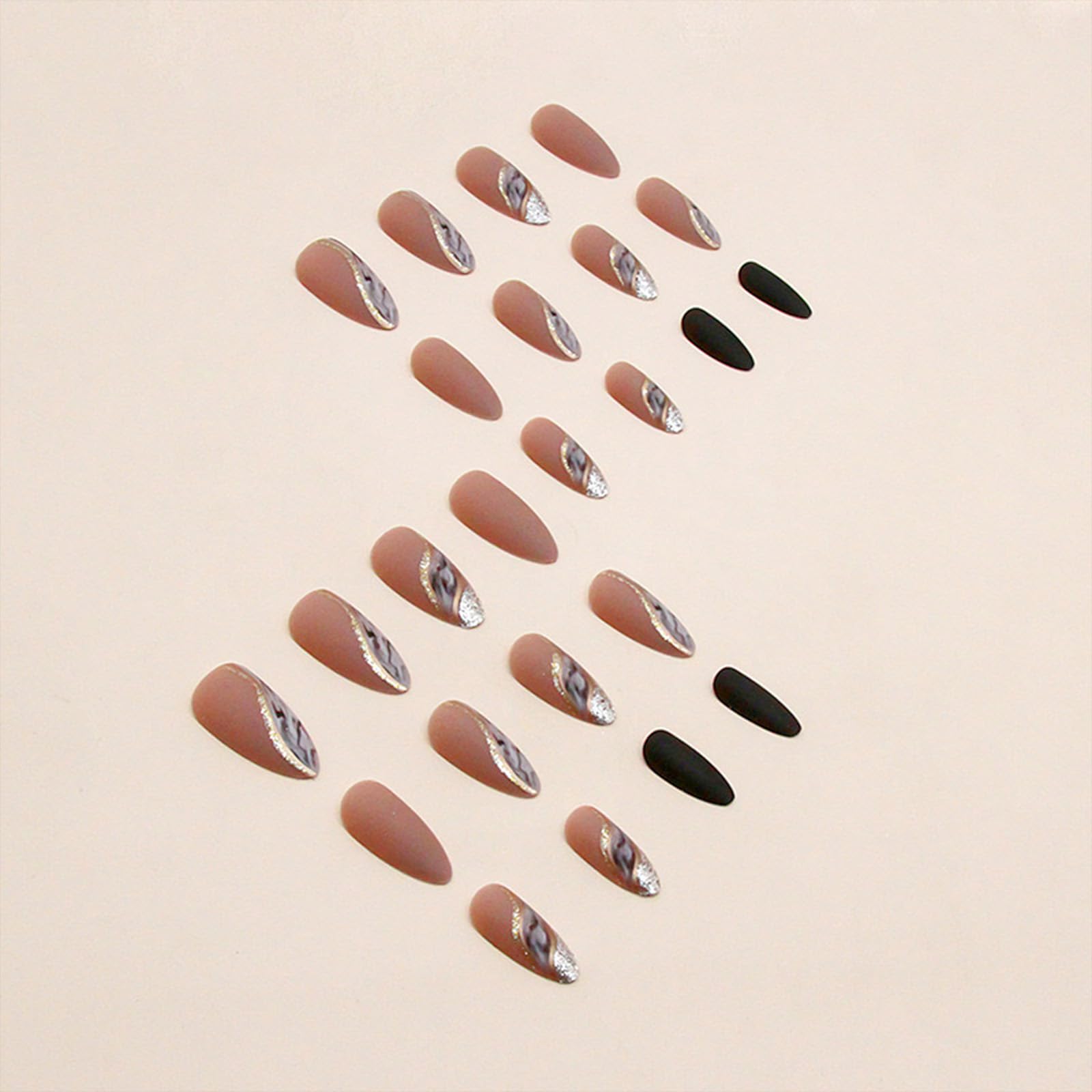 Almond Press on Nails Medium Fake Nails Nude False Nails with Designs Gold Glitter Line Glue on Nails Marble Full Cover Acrylic Nails Brown Matte Stick on Nails for Women 24 Pcs - Image 2