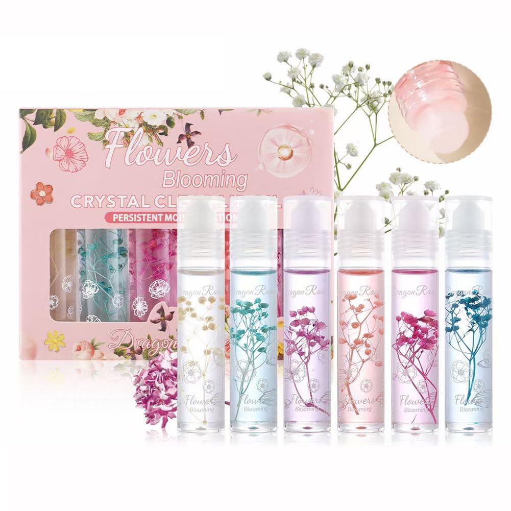 Roll On Lip Gloss Set 6 Packs Flower Jelly Lip Oil Long Lasting Moisturizer Lip Blam with Real Flowers Glossy Lip Make-up for Dry and Chapped Lips