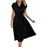 ECOWISH Womens Casual Midi Dresses Solid V Neck Short Sleeve Button Shirt Belted Dress with Pockets for Spring Summer 2026