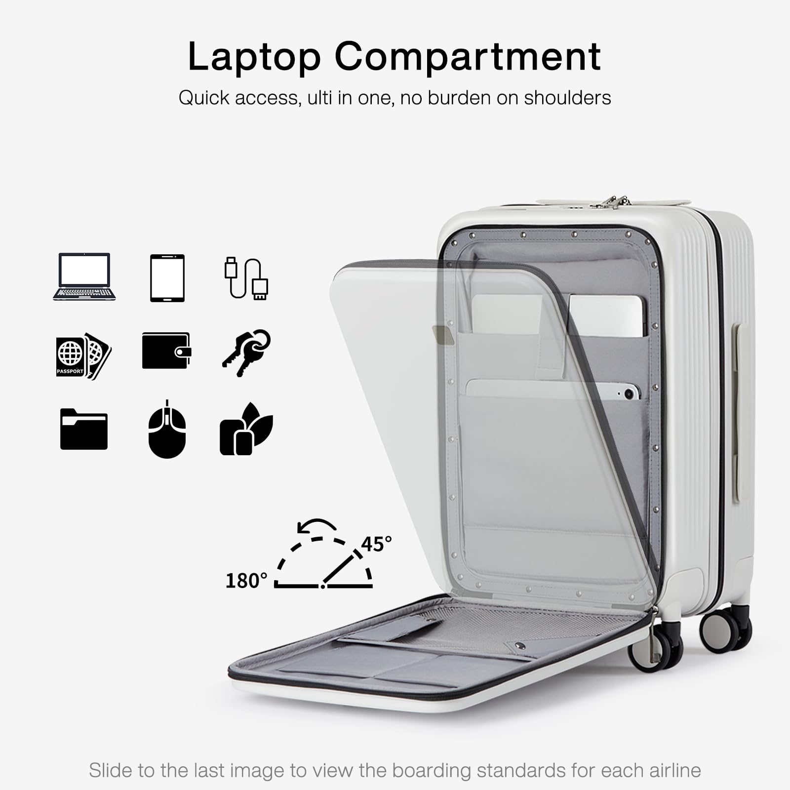 Hanke Grace Carry On Luggage with Wheels Airline Approved Hard Shell Suitcases with Front Pocket，Top Opening Luggage with TSA Lock for Short Business Travel，Smoke White.