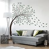 Prabahdak 4 Sheets Green Tree Wall Decals Big Tree Wall Stickers Large DIY Peel and Stick Flying Leaves Wall Decor for Kids Bedroom Living Room Nursery Rooms TV Sofa Background Decoration