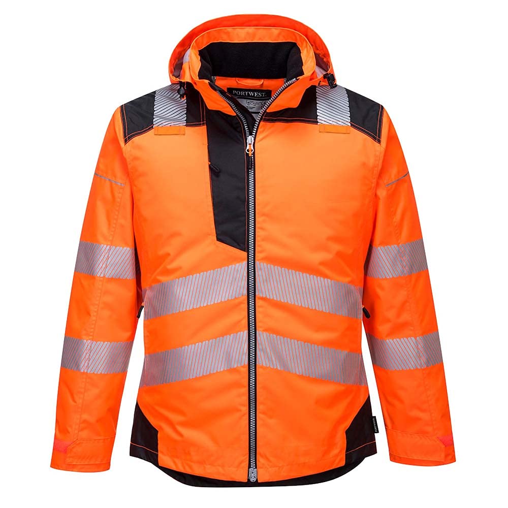 Portwest T400 Men's PW3 Lightweight Hi Vis Hooded Work Jacket Reflective Full Zip Safety Utility Quilt Lined Waterproof Workwear Orange/Black, 4X-Large
