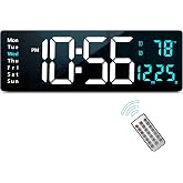 Abovsare 16.2 Inch Large Display Wall Clocks, LED Digital Clock with Remote Control for Living Room Decor, Automatic Brightness Dimmer Clock with Date Week Temperature (Blue)