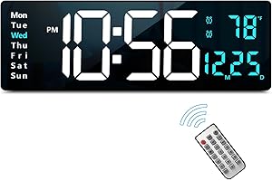 ABOVSARE Digital Wall Clock Large Display, 16.2 Inch Large Wall Clocks, LED Digital Clock with Remote Control for Living Room Decor, Automatic Brightness Dimmer Clock with Date Week Temperature (Blue)