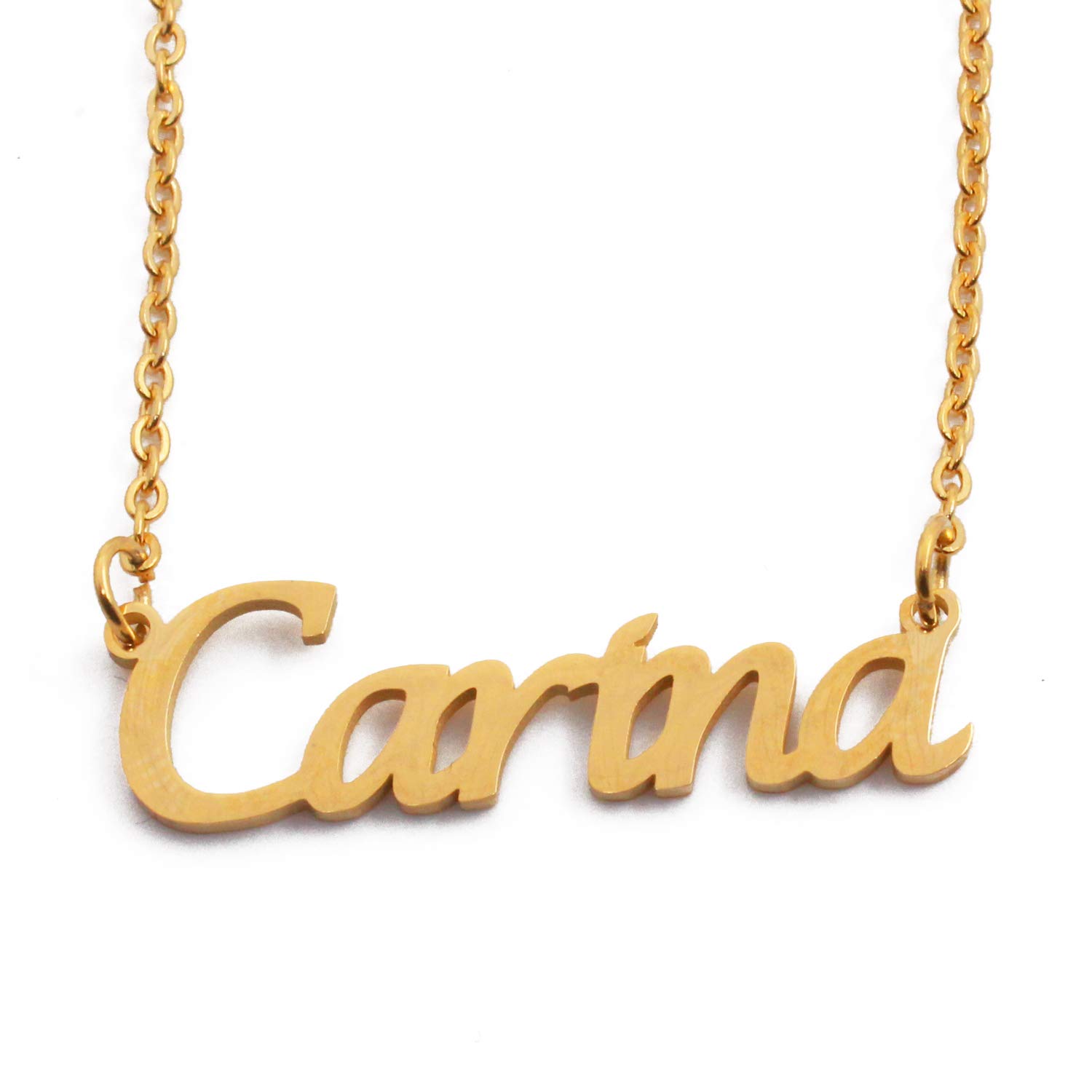 Kigu Carina Name Necklace Personalised 18ct Gold Plated, Custom Dainty Name Pendants, Jewellery for Ladies, Girlfriend, Mother, Sister, Friends Inc Bag & Box