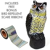 Haven Homes Realistic Premium Owl Scarecrow with Flashing Eyes and Frightening Sound – Owl Decoy Motion Activated &amp; Solar Powered - Pest &amp; Bird Repellent + Free Bonus Bird Repellent Reflective Tape